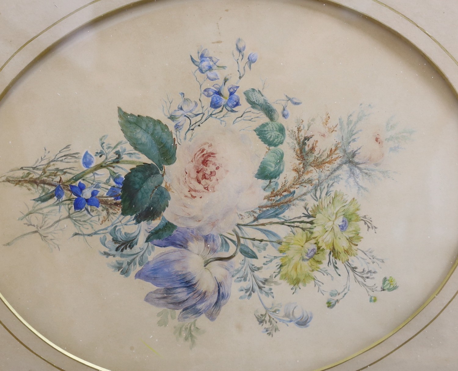 William Hyams (1878-1952), watercolour, Sussex landscape, label verso, 21 x 31cm and two oval watercolours of flowers